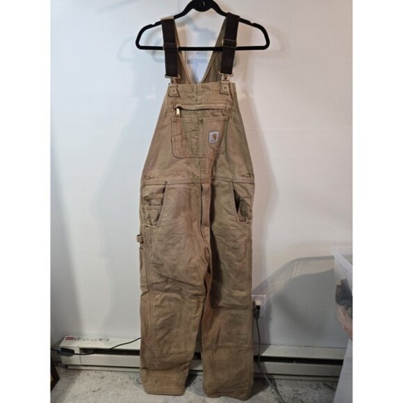 Carhartt Overalls Mens 34x34 Brown Duck Canvas Bib Double Knee Hammer Loop - Picture 1 of 9